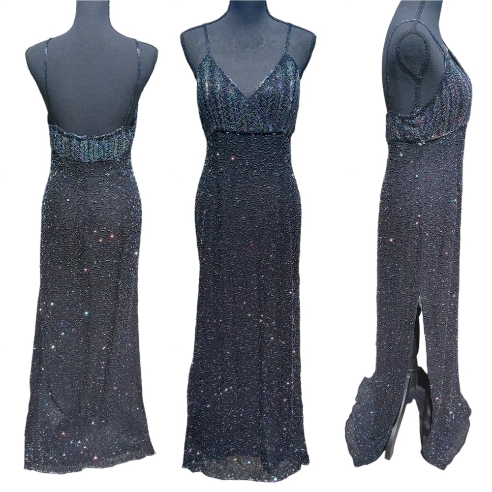 Sean Xpress Black Beaded Sequin Vintage Goth Gown Size L